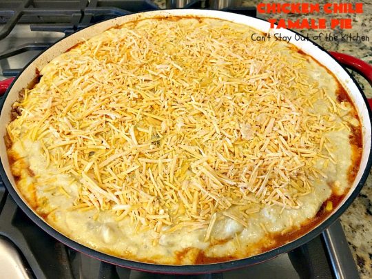 Chicken Chile Tamale Pie | Can't Stay Out of the Kitchen | this amazing #tamale pie tastes absolutely fantastic. It's perfect for #tailgating parties & potlucks. #chicken #avocados #corn #olives #cheese #glutenfree