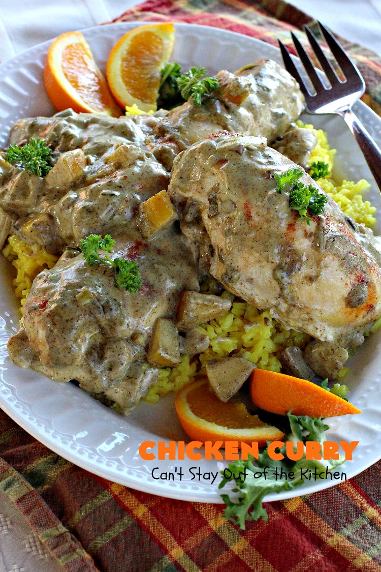 Chicken Curry | Can't Stay Out of the Kitchen | one of our favorite #chicken entrees. This one is made with a delicious #curry sauce with #apples & served over saffron-flavored rice. So succulent & amazing.