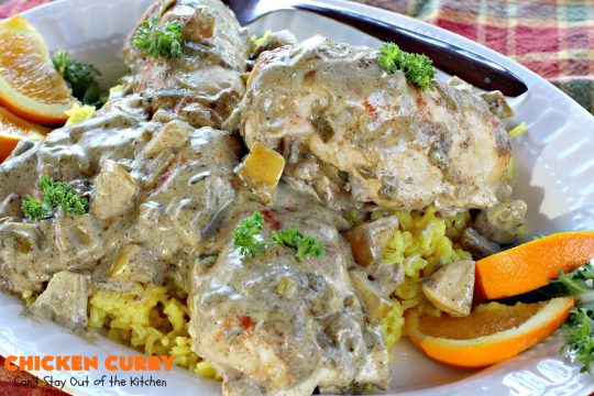 Chicken Curry | Can't Stay Out of the Kitchen | one of our favorite #chicken entrees. This one is made with a delicious #curry sauce with #apples & served over saffron-flavored rice. So succulent & amazing.