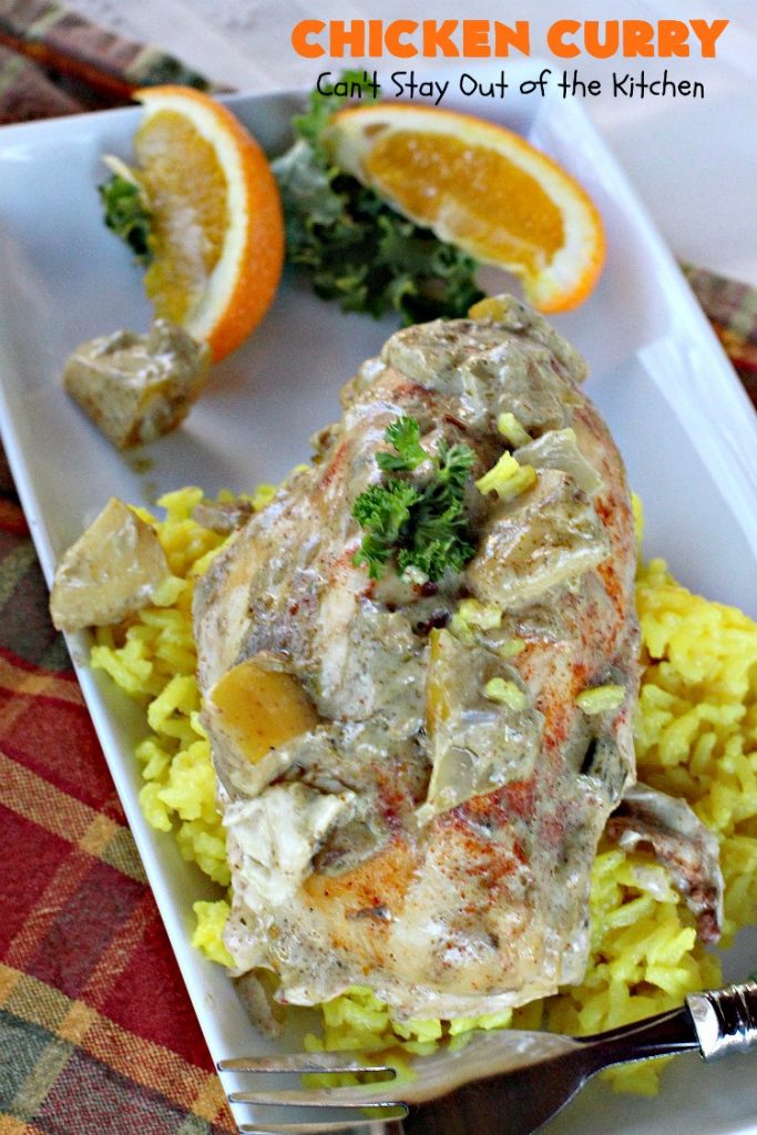 Chicken Curry | Can't Stay Out of the Kitchen | one of our favorite #chicken entrees. This one is made with a delicious #curry sauce with #apples & served over saffron-flavored rice. So succulent & amazing.