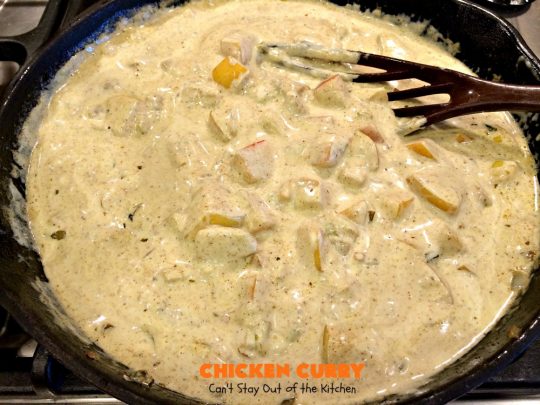 Chicken Curry | Can't Stay Out of the Kitchen | one of our favorite #chicken entrees. This one is made with a delicious #curry sauce with #apples & served over saffron-flavored rice. So succulent & amazing.