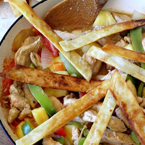 Chicken Fajita Skillet | Can't Stay Out of the Kitchen | #ChickenFajitaSkillet with Fried #tortilla strips is the best 30-minute one dish meal around! It's so easy to put together making it an excellent choice for busy weeknight dinners. #chicken #ChickenFajita #pineapple #OneDishDinner #30MinuteMeal #EasySkilletDinner #ChickenFajitaSkillet