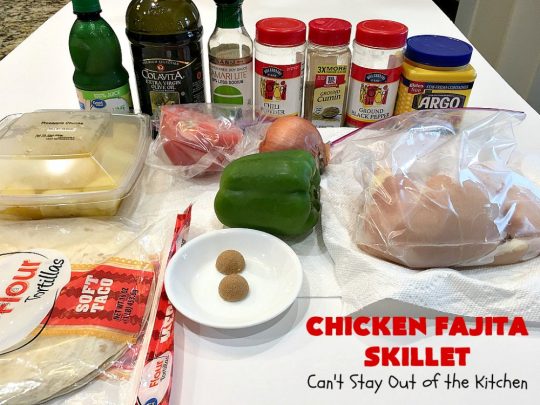 Chicken Fajita Skillet | Can't Stay Out of the Kitchen | #ChickenFajitaSkillet with Fried #tortilla strips is the best 30-minute one dish meal around! It's so easy to put together making it an excellent choice for busy weeknight dinners. #chicken #ChickenFajita #pineapple #OneDishDinner #30MinuteMeal #EasySkilletDinner #ChickenFajitaSkillet