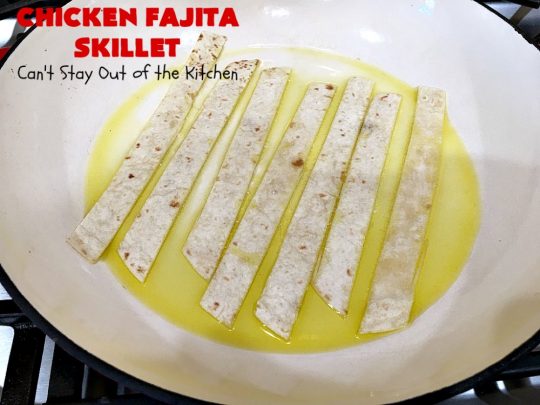 Chicken Fajita Skillet | Can't Stay Out of the Kitchen | #ChickenFajitaSkillet with Fried #tortilla strips is the best 30-minute one dish meal around! It's so easy to put together making it an excellent choice for busy weeknight dinners. #chicken #ChickenFajita #pineapple #OneDishDinner #30MinuteMeal #EasySkilletDinner #ChickenFajitaSkillet