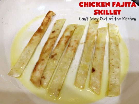 Chicken Fajita Skillet | Can't Stay Out of the Kitchen | #ChickenFajitaSkillet with Fried #tortilla strips is the best 30-minute one dish meal around! It's so easy to put together making it an excellent choice for busy weeknight dinners. #chicken #ChickenFajita #pineapple #OneDishDinner #30MinuteMeal #EasySkilletDinner #ChickenFajitaSkillet