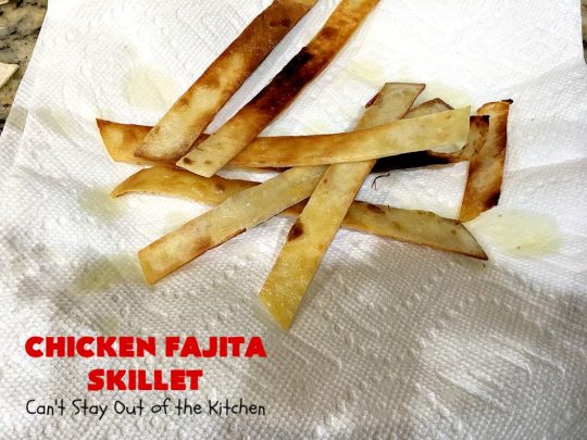 Chicken Fajita Skillet | Can't Stay Out of the Kitchen | #ChickenFajitaSkillet with Fried #tortilla strips is the best 30-minute one dish meal around! It's so easy to put together making it an excellent choice for busy weeknight dinners. #chicken #ChickenFajita #pineapple #OneDishDinner #30MinuteMeal #EasySkilletDinner #ChickenFajitaSkillet