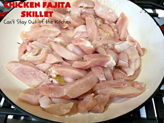 Chicken Fajita Skillet | Can't Stay Out of the Kitchen | #ChickenFajitaSkillet with Fried #tortilla strips is the best 30-minute one dish meal around! It's so easy to put together making it an excellent choice for busy weeknight dinners. #chicken #ChickenFajita #pineapple #OneDishDinner #30MinuteMeal #EasySkilletDinner #ChickenFajitaSkillet