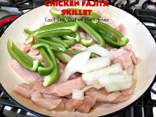 Chicken Fajita Skillet | Can't Stay Out of the Kitchen | #ChickenFajitaSkillet with Fried #tortilla strips is the best 30-minute one dish meal around! It's so easy to put together making it an excellent choice for busy weeknight dinners. #chicken #ChickenFajita #pineapple #OneDishDinner #30MinuteMeal #EasySkilletDinner #ChickenFajitaSkillet