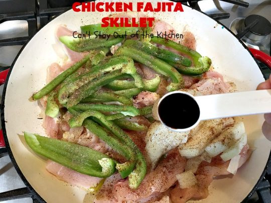 Chicken Fajita Skillet | Can't Stay Out of the Kitchen | #ChickenFajitaSkillet with Fried #tortilla strips is the best 30-minute one dish meal around! It's so easy to put together making it an excellent choice for busy weeknight dinners. #chicken #ChickenFajita #pineapple #OneDishDinner #30MinuteMeal #EasySkilletDinner #ChickenFajitaSkillet