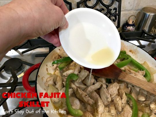 Chicken Fajita Skillet | Can't Stay Out of the Kitchen | #ChickenFajitaSkillet with Fried #tortilla strips is the best 30-minute one dish meal around! It's so easy to put together making it an excellent choice for busy weeknight dinners. #chicken #ChickenFajita #pineapple #OneDishDinner #30MinuteMeal #EasySkilletDinner #ChickenFajitaSkillet