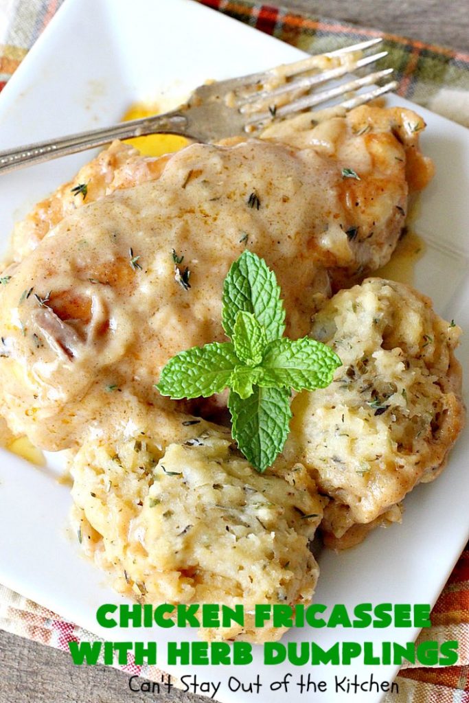 Chicken Fricassee with Herb Dumplings | Can't Stay Out of the Kitchen | this is such a savory, sumptuous & mouthwatering #chicken entree. Chicken, Herb Dumplings and gravy make one of the most fantastic  main dish #recipes ever. Amazing comfort food. #HerbDumplings