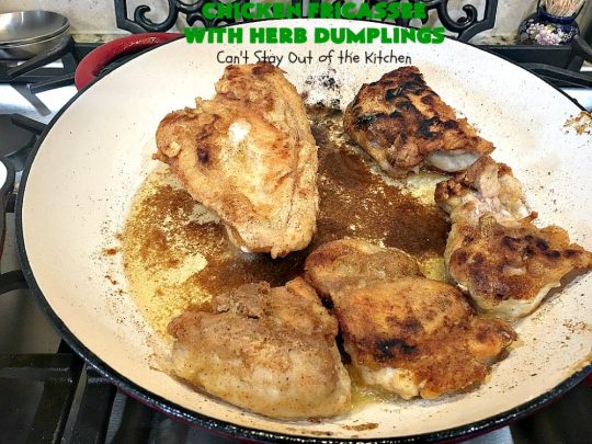 Chicken Fricassee with Herb Dumplings | Can't Stay Out of the Kitchen | this is such a savory, sumptuous & mouthwatering #chicken entree. Chicken, Herb Dumplings and gravy make one of the most fantastic  main dish #recipes ever. Amazing comfort food. #HerbDumplings