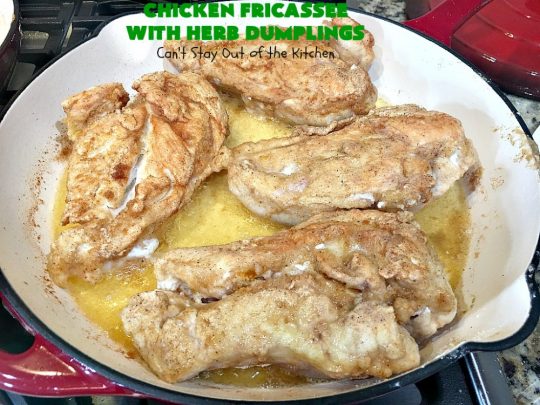 Chicken Fricassee with Herb Dumplings | Can't Stay Out of the Kitchen | this is such a savory, sumptuous & mouthwatering #chicken entree. Chicken, Herb Dumplings and gravy make one of the most fantastic  main dish #recipes ever. Amazing comfort food. #HerbDumplings