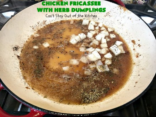 Chicken Fricassee with Herb Dumplings | Can't Stay Out of the Kitchen | this is such a savory, sumptuous & mouthwatering #chicken entree. Chicken, Herb Dumplings and gravy make one of the most fantastic  main dish #recipes ever. Amazing comfort food. #HerbDumplings
