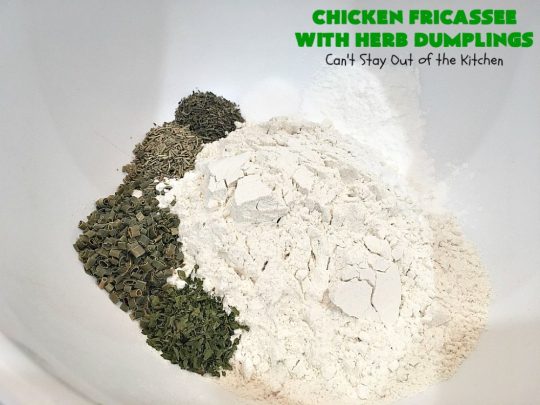 Chicken Fricassee with Herb Dumplings | Can't Stay Out of the Kitchen | this is such a savory, sumptuous & mouthwatering #chicken entree. Chicken, Herb Dumplings and gravy make one of the most fantastic  main dish #recipes ever. Amazing comfort food. #HerbDumplings