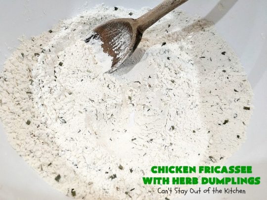 Chicken Fricassee with Herb Dumplings | Can't Stay Out of the Kitchen | this is such a savory, sumptuous & mouthwatering #chicken entree. Chicken, Herb Dumplings and gravy make one of the most fantastic  main dish #recipes ever. Amazing comfort food. #HerbDumplings