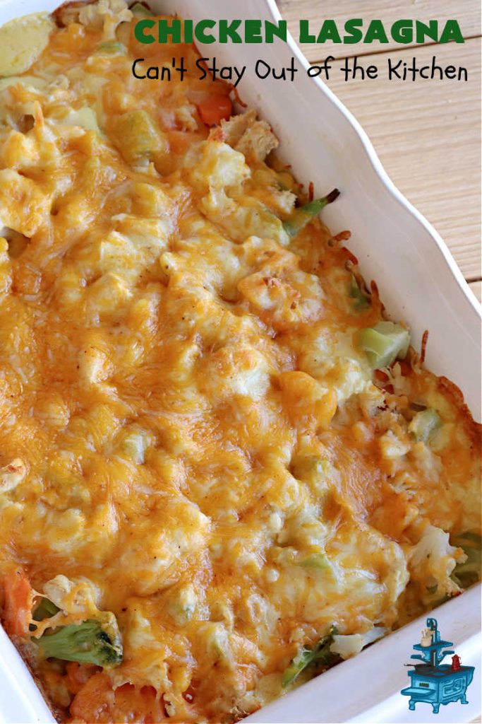 Chicken Lasagna | Can't Stay Out of the Kitchen | this extra cheesy #lasagna #recipe includes #chicken & a mixed #vegetable blend of #broccoli, #cauliflower & #carrots. The #cheese sauce includes #CreamOfChickenSoup! It's delightful for company dinners as everyone is sure to want seconds. #casserole #noodles #pasta #ChickenLasagnaChicken Lasagna | Can't Stay Out of the Kitchen | this extra cheesy #lasagna #recipe includes #chicken & a mixed #vegetable blend of #broccoli, #cauliflower & #carrots. The #cheese sauce includes #CreamOfChickenSoup! It's delightful for company dinners as everyone is sure to want seconds. #casserole #noodles #pasta #ChickenLasagna