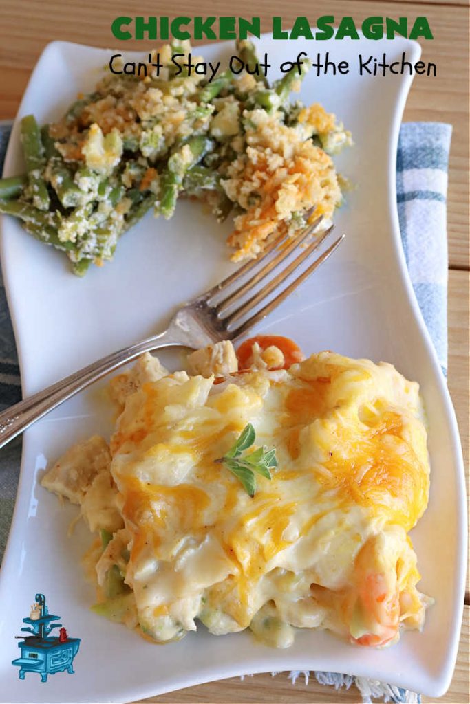 Chicken Lasagna | Can't Stay Out of the Kitchen | this extra cheesy #lasagna #recipe includes #chicken & a mixed #vegetable blend of #broccoli, #cauliflower & #carrots. The #cheese sauce includes #CreamOfChickenSoup! It's delightful for company dinners as everyone is sure to want seconds. #casserole #noodles #pasta #ChickenLasagna