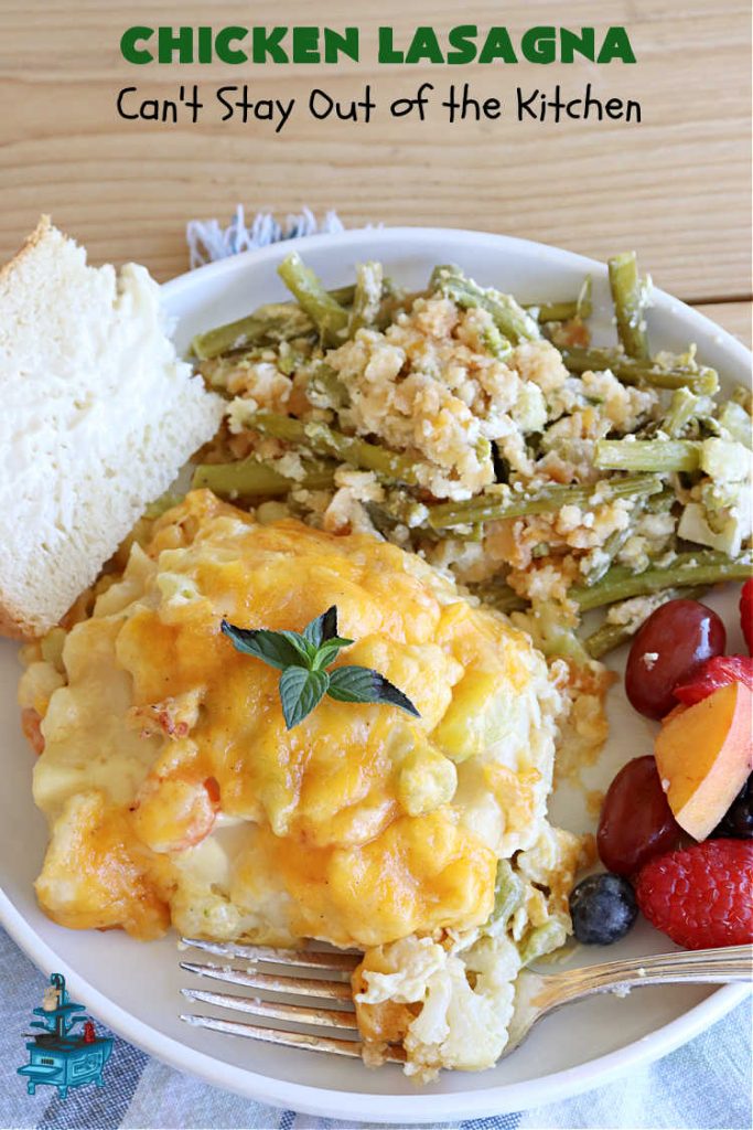 Chicken Lasagna | Can't Stay Out of the Kitchen | this extra cheesy #lasagna #recipe includes #chicken & a mixed #vegetable blend of #broccoli, #cauliflower & #carrots. The #cheese sauce includes #CreamOfChickenSoup! It's delightful for company dinners as everyone is sure to want seconds. #casserole #noodles #pasta #ChickenLasagna