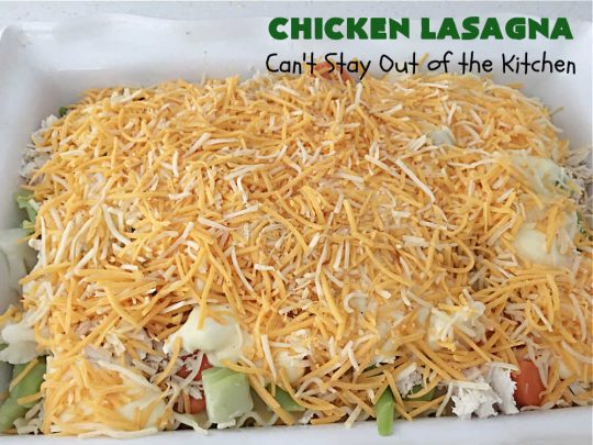 Chicken Lasagna | Can't Stay Out of the Kitchen | this extra cheesy #lasagna #recipe includes #chicken & a mixed #vegetable blend of #broccoli, #cauliflower & #carrots. The #cheese sauce includes #CreamOfChickenSoup! It's delightful for company dinners as everyone is sure to want seconds. #casserole #noodles #pasta #ChickenLasagna