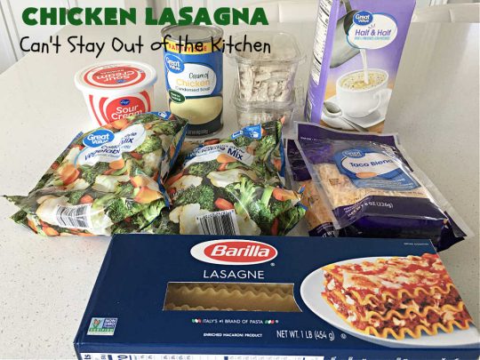 Chicken Lasagna | Can't Stay Out of the Kitchen | this extra cheesy #lasagna #recipe includes #chicken & a mixed #vegetable blend of #broccoli, #cauliflower & #carrots. The #cheese sauce includes #CreamOfChickenSoup! It's delightful for company dinners as everyone is sure to want seconds. #casserole #noodles #pasta #ChickenLasagna