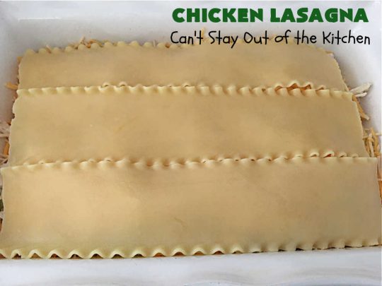 Chicken Lasagna | Can't Stay Out of the Kitchen | this extra cheesy #lasagna #recipe includes #chicken & a mixed #vegetable blend of #broccoli, #cauliflower & #carrots. The #cheese sauce includes #CreamOfChickenSoup! It's delightful for company dinners as everyone is sure to want seconds. #casserole #noodles #pasta #ChickenLasagna