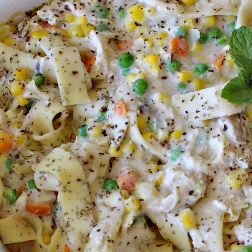 Chicken Noodle Casserole | Can't Stay Out of the Kitchen | this is one of the BEST #chickennoodlecasserole #recipes ever! It includes #Amish #noodles, #corn, #peas, #carrots & Cream of Mushroom soup. Amazing comfort food. #chicken #maindish #chickencasserole #casserole