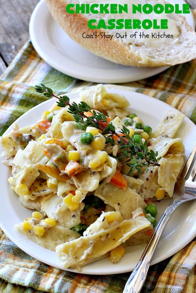 Chicken Noodle Casserole | Can't Stay Out of the Kitchen | this is one of the BEST #chickennoodlecasserole #recipes ever! It includes #Amish #noodles, #corn, #peas, #carrots & Cream of Mushroom soup. Amazing comfort food. #chicken #maindish #chickencasserole #casserole