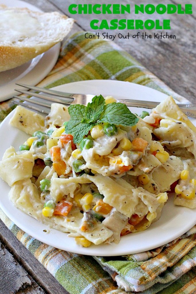 Chicken Noodle Casserole | Can't Stay Out of the Kitchen | this is one of the BEST #chickennoodlecasserole #recipes ever! It includes #Amish #noodles, #corn, #peas, #carrots & Cream of Mushroom soup. Amazing comfort food. #chicken #maindish #chickencasserole #casserole