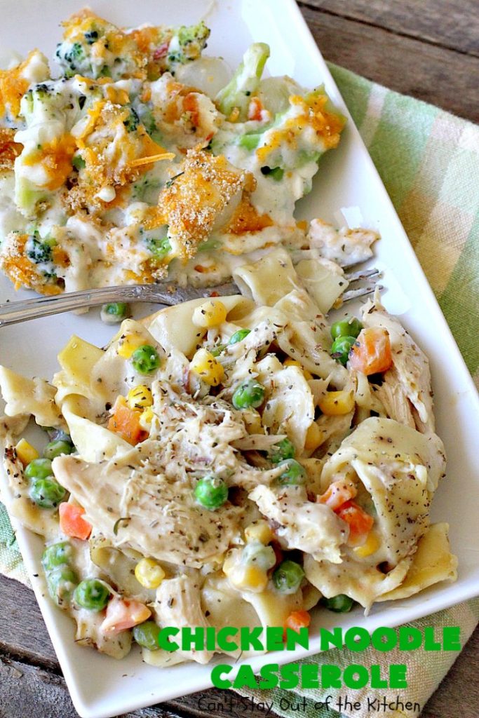 Chicken Noodle Casserole | Can't Stay Out of the Kitchen | this is one of the BEST #chickennoodlecasserole #recipes ever! It includes #Amish #noodles, #corn, #peas, #carrots & Cream of Mushroom soup. Amazing comfort food. #chicken #maindish #chickencasserole #casserole