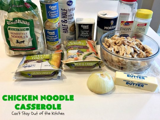 Chicken Noodle Casserole | Can't Stay Out of the Kitchen | this is one of the BEST #chickennoodlecasserole #recipes ever! It includes #Amish #noodles, #corn, #peas, #carrots & Cream of Mushroom soup. Amazing comfort food. #chicken #maindish #chickencasserole #casserole