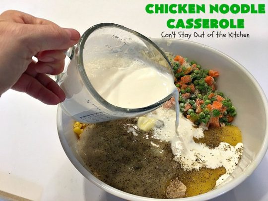 Chicken Noodle Casserole | Can't Stay Out of the Kitchen | this is one of the BEST #chickennoodlecasserole #recipes ever! It includes #Amish #noodles, #corn, #peas, #carrots & Cream of Mushroom soup. Amazing comfort food. #chicken #maindish #chickencasserole #casserole