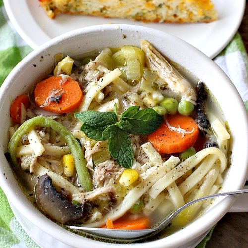 Chicken Noodle Vegetable Soup | Can't Stay Out of the Kitchen | this home-style #soup is absolutely scrumptious. It's made with #Amish #noodles, #chicken #carrots, #corn, #greenbeans & #peas. This is perfect comfort food for fall. #chickensoup #chickennoodlesoup
