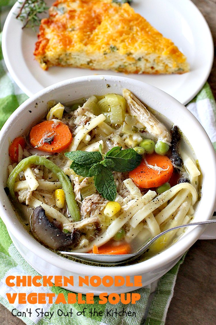 Chicken Noodle Vegetable Soup | Can't Stay Out of the Kitchen | this home-style #soup is absolutely scrumptious. It's made with #Amish #noodles, #chicken #carrots, #corn, #greenbeans & #peas. This is perfect comfort food for fall. #chickensoup #chickennoodlesoup