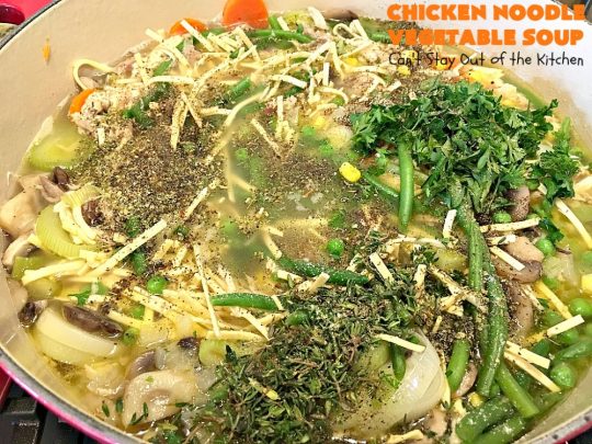 Chicken Noodle Vegetable Soup | Can't Stay Out of the Kitchen | this home-style #soup is absolutely scrumptious. It's made with #Amish #noodles, #chicken #carrots, #corn, #greenbeans & #peas. This is perfect comfort food for fall. #chickensoup #chickennoodlesoup
