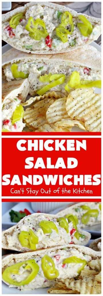 Chicken Salad Sandwiches | Can't Stay Out of the Kitchen | these fantastic #sandwiches are stuffed in #PitaPockets & garnished with mild pepper rings. Best #ChickenSalad ever! Every time we make these sandwiches they get rave reviews. #ChickenSaladSandwiches #Chicken #FavoriteChickenSaladRecipe