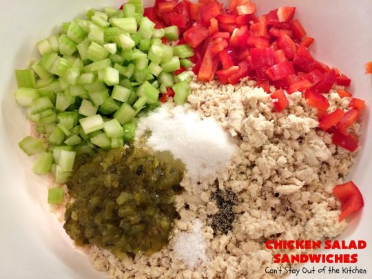 Chicken Salad Sandwiches | Can't Stay Out of the Kitchen | these fantastic #sandwiches are stuffed in #PitaPockets & garnished with mild pepper rings. Best #ChickenSalad ever! Every time we make these sandwiches they get rave reviews. #ChickenSaladSandwiches #Chicken #FavoriteChickenSaladRecipe