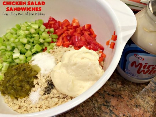 Chicken Salad Sandwiches | Can't Stay Out of the Kitchen | these fantastic #sandwiches are stuffed in #PitaPockets & garnished with mild pepper rings. Best #ChickenSalad ever! Every time we make these sandwiches they get rave reviews. #ChickenSaladSandwiches #Chicken #FavoriteChickenSaladRecipe