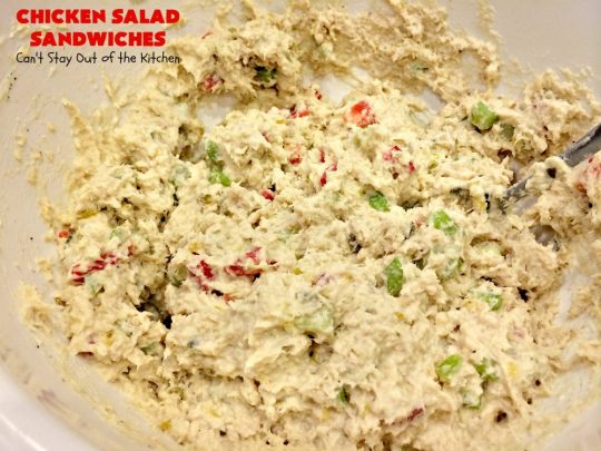Chicken Salad Sandwiches | Can't Stay Out of the Kitchen | these fantastic #sandwiches are stuffed in #PitaPockets & garnished with mild pepper rings. Best #ChickenSalad ever! Every time we make these sandwiches they get rave reviews. #ChickenSaladSandwiches #Chicken #FavoriteChickenSaladRecipe