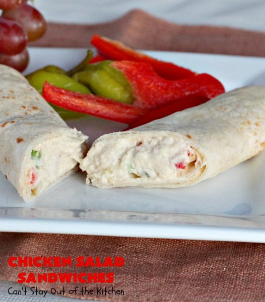 Chicken Salad Sandwiches | Can't Stay Out of the Kitchen | these fantastic #sandwiches are stuffed in #PitaPockets & garnished with mild pepper rings. Best #ChickenSalad ever! Every time we make these sandwiches they get rave reviews. #ChickenSaladSandwiches #Chicken #FavoriteChickenSaladRecipe