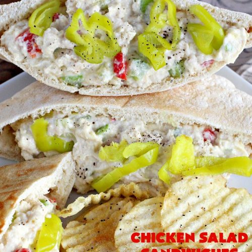 Chicken Salad Sandwiches | Can't Stay Out of the Kitchen | these fantastic #sandwiches are stuffed in #PitaPockets & garnished with mild pepper rings. Best #ChickenSalad ever! Every time we make these sandwiches they get rave reviews. #ChickenSaladSandwiches #Chicken #FavoriteChickenSaladRecipe