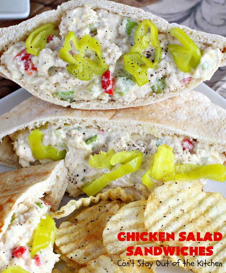 Chicken Salad Sandwiches | Can't Stay Out of the Kitchen | these fantastic #sandwiches are stuffed in #PitaPockets & garnished with mild pepper rings. Best #ChickenSalad ever! Every time we make these sandwiches they get rave reviews. #ChickenSaladSandwiches #Chicken #FavoriteChickenSaladRecipe