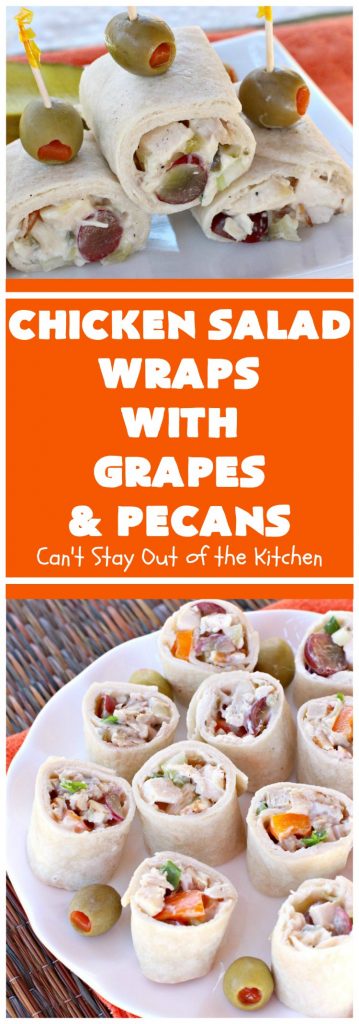 Chicken Salad Wraps with Grapes and Pecans | Can't Stay Out of the Kitchen | these fantastic #wraps are some of the best #ChickenSaladWraps you'll ever eat. These are crunchy & delicious & include #pecans and #grapes. Terrific for #tailgating parties, potlucks, office lunches & quick weekend meals when you're busy attending your kid's soccer games. #Salad #ChickenSalad #sandwiches #tortillas #ChickenSaladWrapsWithGrapesAndPecans #ChickenSaladSandwiches