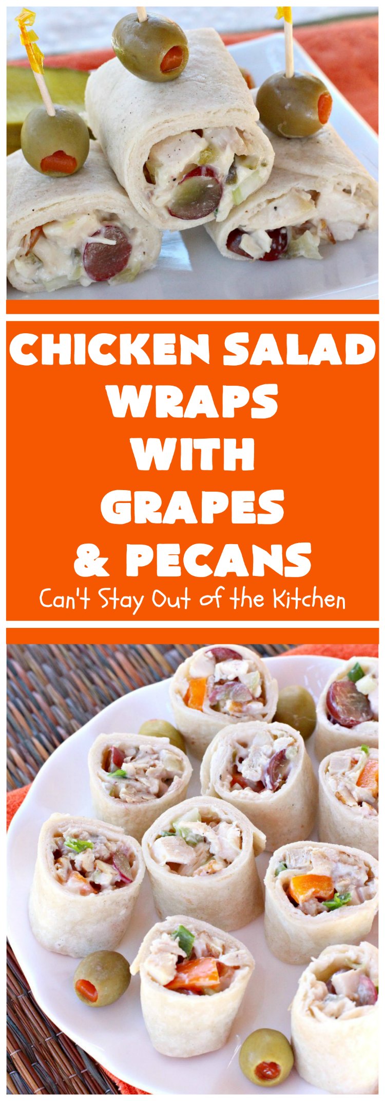 Chicken Salad Wraps with Grapes and Pecans | Can't Stay Out of the Kitchen | these fantastic #wraps are some of the best #ChickenSaladWraps you'll ever eat. These are crunchy & delicious & include #pecans and #grapes. Terrific for #tailgating parties, potlucks, office lunches & quick weekend meals when you're busy attending your kid's soccer games. #Salad #ChickenSalad #sandwiches #tortillas #ChickenSaladWrapsWithGrapesAndPecans #ChickenSaladSandwiches
