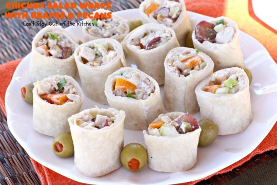 Chicken Salad Wraps with Grapes and Pecans | Can't Stay Out of the Kitchen | these fantastic #wraps are some of the best #ChickenSaladWraps you'll ever eat. These are crunchy & delicious & include #pecans and #grapes. Terrific for #tailgating parties, potlucks, office lunches & quick weekend meals when you're busy attending your kid's soccer games. #Salad #ChickenSalad #sandwiches #tortillas #ChickenSaladWrapsWithGrapesAndPecans #ChickenSaladSandwiches