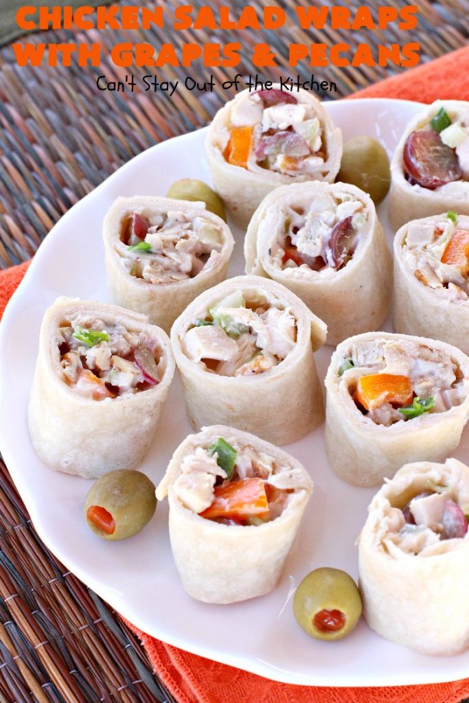 Chicken Salad Wraps with Grapes and Pecans | Can't Stay Out of the Kitchen | these fantastic #wraps are some of the best #ChickenSaladWraps you'll ever eat. These are crunchy & delicious & include #pecans and #grapes. Terrific for #tailgating parties, potlucks, office lunches & quick weekend meals when you're busy attending your kid's soccer games. #Salad #ChickenSalad #sandwiches #tortillas #ChickenSaladWrapsWithGrapesAndPecans #ChickenSaladSandwiches