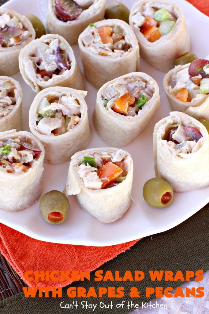 Chicken Salad Wraps with Grapes and Pecans | Can't Stay Out of the Kitchen | these fantastic #wraps are some of the best #ChickenSaladWraps you'll ever eat. These are crunchy & delicious & include #pecans and #grapes. Terrific for #tailgating parties, potlucks, office lunches & quick weekend meals when you're busy attending your kid's soccer games. #Salad #ChickenSalad #sandwiches #tortillas #ChickenSaladWrapsWithGrapesAndPecans #ChickenSaladSandwiches