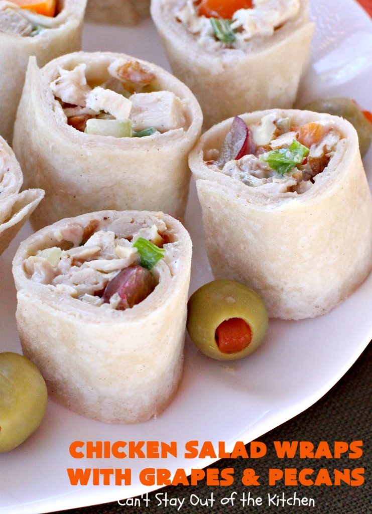 Chicken Salad Wraps with Grapes and Pecans | Can't Stay Out of the Kitchen | these fantastic #wraps are some of the best #ChickenSaladWraps you'll ever eat. These are crunchy & delicious & include #pecans and #grapes. Terrific for #tailgating parties, potlucks, office lunches & quick weekend meals when you're busy attending your kid's soccer games. #Salad #ChickenSalad #sandwiches #tortillas #ChickenSaladWrapsWithGrapesAndPecans #ChickenSaladSandwiches