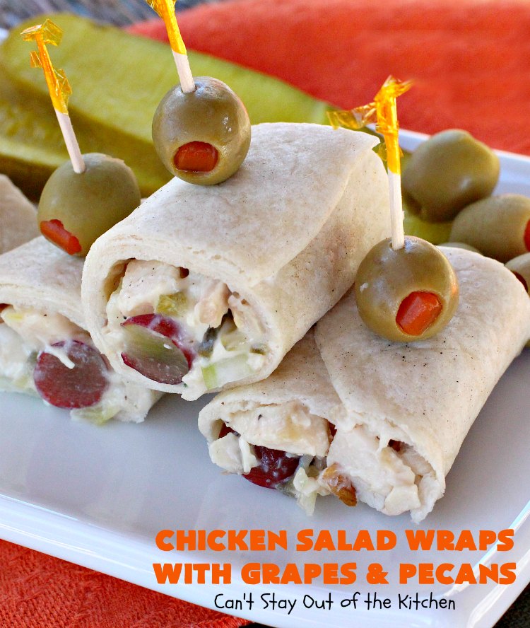 Chicken Salad Wraps with Grapes and Pecans | Can't Stay Out of the Kitchen | these fantastic #wraps are some of the best #ChickenSaladWraps you'll ever eat. These are crunchy & delicious & include #pecans and #grapes. Terrific for #tailgating parties, potlucks, office lunches & quick weekend meals when you're busy attending your kid's soccer games. #Salad #ChickenSalad #sandwiches #tortillas #ChickenSaladWrapsWithGrapesAndPecans #ChickenSaladSandwiches