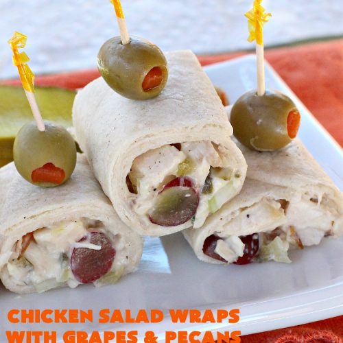 Chicken Salad Wraps with Grapes and Pecans | Can't Stay Out of the Kitchen | these fantastic #wraps are some of the best #ChickenSaladWraps you'll ever eat. These are crunchy & delicious & include #pecans and #grapes. Terrific for #tailgating parties, potlucks, office lunches & quick weekend meals when you're busy attending your kid's soccer games. #Salad #ChickenSalad #sandwiches #tortillas #ChickenSaladWrapsWithGrapesAndPecans #ChickenSaladSandwiches